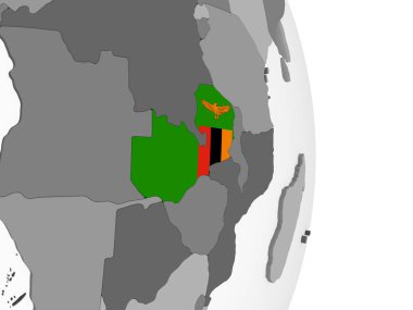 Zambiya katıştırılmış bayrak ile gri siyasi dünya üzerinde. 3D çizim.