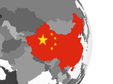 Çin katıştırılmış bayrak ile gri siyasi dünya üzerinde. 3D çizim.