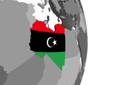 Libya katıştırılmış bayrak ile gri siyasi dünya üzerinde. 3D çizim.