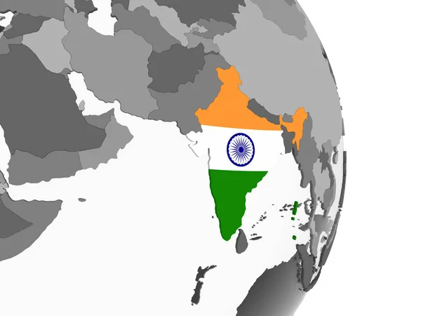 India Globo Politico Grigio Con Bandiera Incorporata Illustrazione — Foto Stock