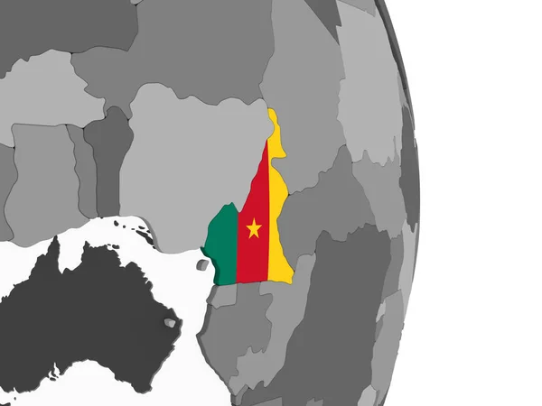 Kamerun Auf Grauem Politischem Globus Mit Eingebetteter Flagge Illustration — Stockfoto