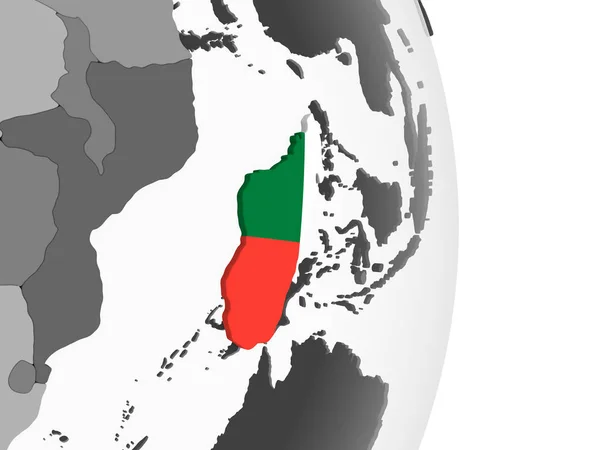 马达加斯加在灰色政治地球仪与嵌入的旗子 — 图库照片