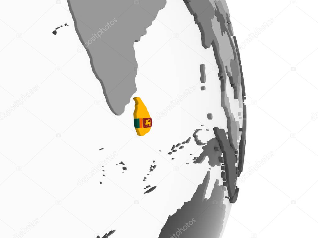 Sri Lanka on gray political globe with embedded flag. 3D illustration.