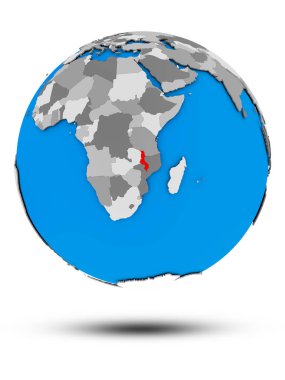 Malavi beyaz arka plan üzerinde izole gölge ile siyasi dünya üzerinde. 3D çizim.