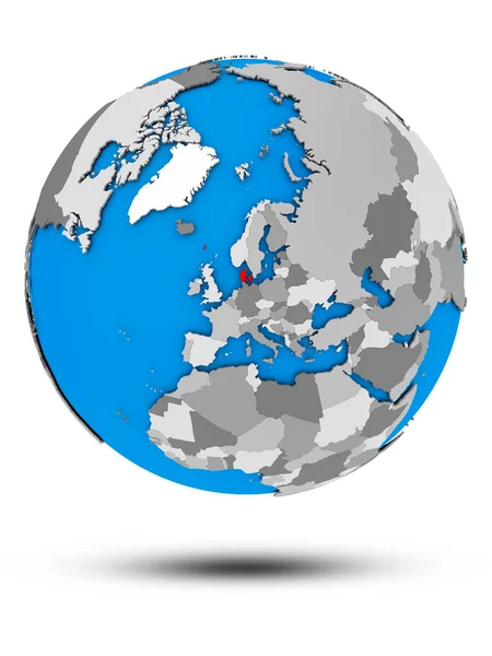 Дания Политическом Глобусе Тенью Изолированы Белом Фоне Иллюстрация — стоковое фото