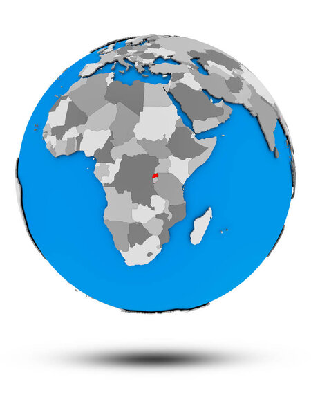 Rwanda on political globe with shadow isolated on white background. 3D illustration.