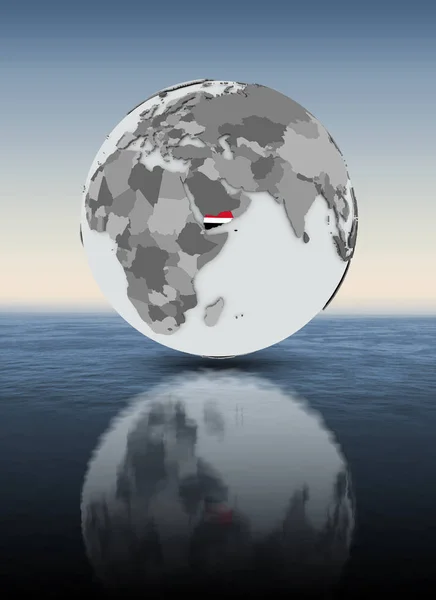 Υεμένη Σημαία Στον Κόσμο Πάνω Από Νερό Απεικόνιση — Φωτογραφία Αρχείου