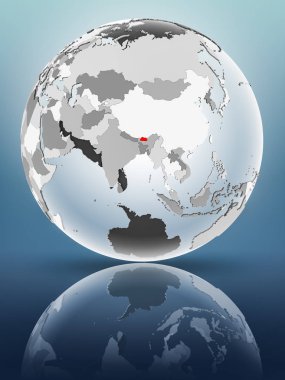 Yarı saydam okyanus parlak yüzeyi ile Bhutan dünya üzerinde. 3D çizim.