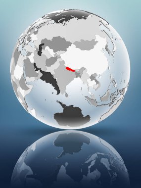 Yarı saydam okyanus parlak yüzeyi ile Nepal dünya üzerinde. 3D çizim.