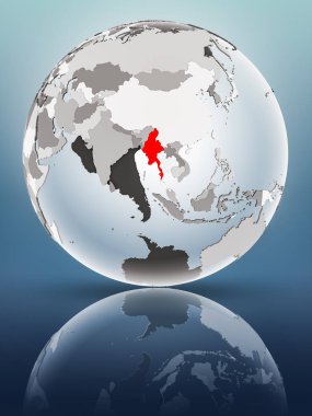 Yarı saydam okyanus parlak yüzeyi ile Myanmar dünya üzerinde. 3D çizim.