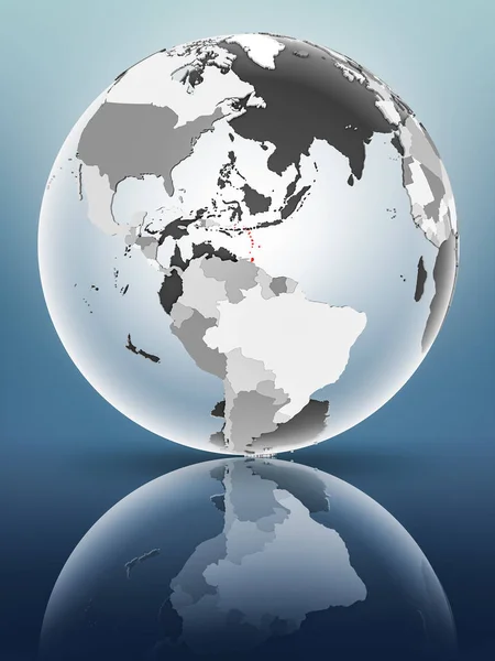 Caribbean on globe with translucent oceans on shiny surface. 3D illustration.