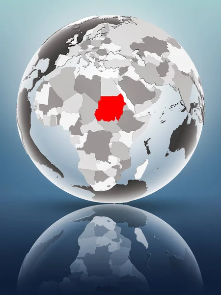 Sudan on globe with translucent oceans on shiny surface. 3D illustration.
