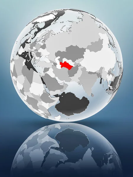 Turkmenistan on globe with translucent oceans on shiny surface. 3D illustration.