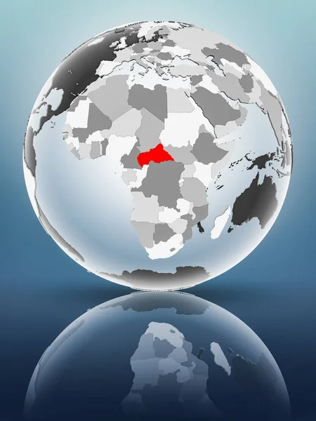 Central Africa on globe with translucent oceans on shiny surface. 3D illustration.