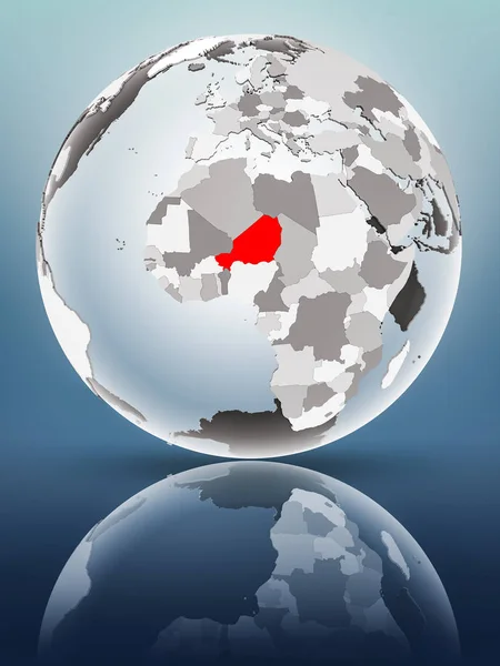 Niger on globe with translucent oceans on shiny surface. 3D illustration.