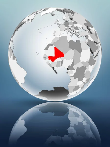 Mali on globe with translucent oceans on shiny surface. 3D illustration.
