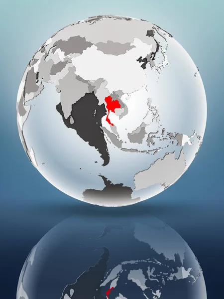Thailand on globe with translucent oceans on shiny surface. 3D illustration.