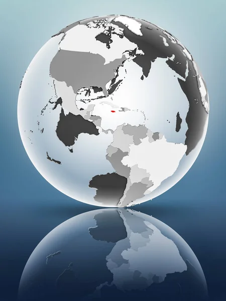 Jamaica on globe with translucent oceans on shiny surface. 3D illustration.