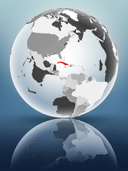Cuba on globe with translucent oceans on shiny surface. 3D illustration.