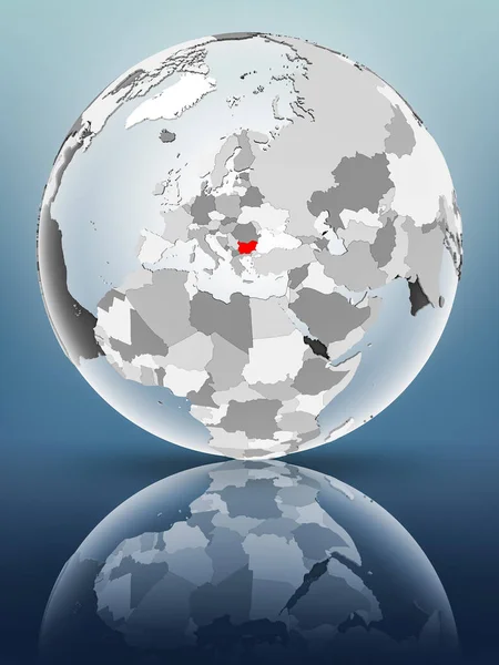 Bulgaria on globe with translucent oceans on shiny surface. 3D illustration.