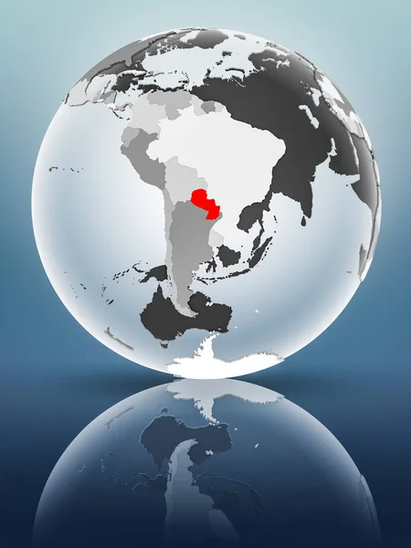 Paraguay Auf Dem Globus Mit Durchscheinenden Ozeanen Auf Glänzender Oberfläche — Stockfoto