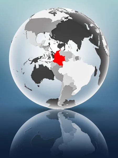 Colombia on globe with translucent oceans on shiny surface. 3D illustration.