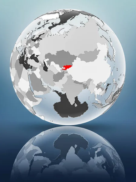 Kyrgyzstan on globe with translucent oceans on shiny surface. 3D illustration.