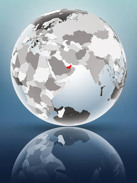 United Arab Emirates on globe with translucent oceans on shiny surface. 3D illustration.