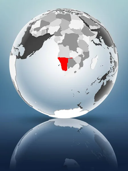 Namibia on globe with translucent oceans on shiny surface. 3D illustration.