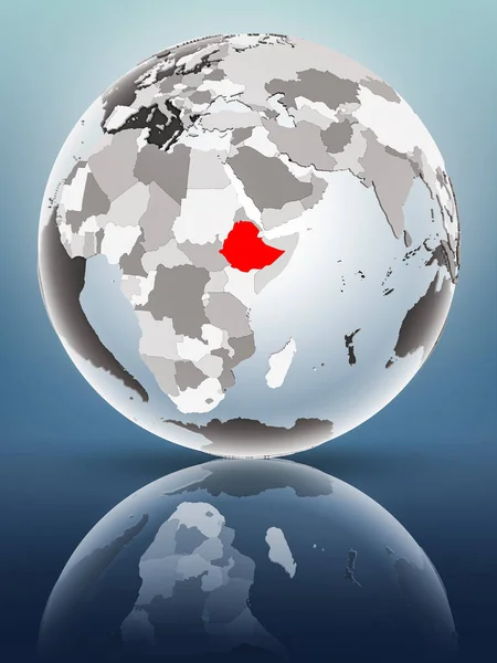 Ethiopia on globe with translucent oceans on shiny surface. 3D illustration.