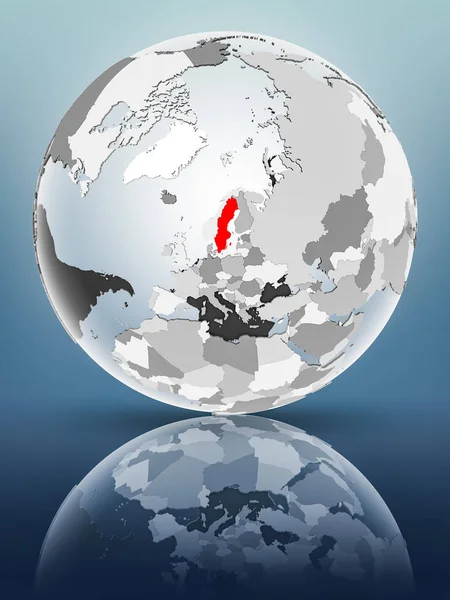 Sweden on globe with translucent oceans on shiny surface. 3D illustration.