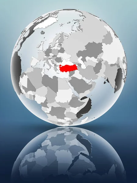 Turkey on globe with translucent oceans on shiny surface. 3D illustration.