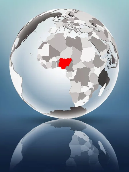 Nigeria on globe with translucent oceans on shiny surface. 3D illustration.