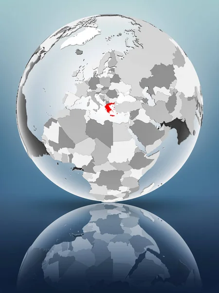 Greece on globe with translucent oceans on shiny surface. 3D illustration.