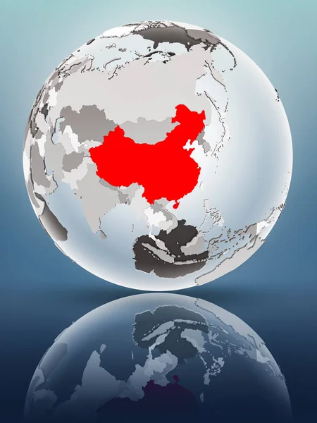 China on globe with translucent oceans on shiny surface. 3D illustration.