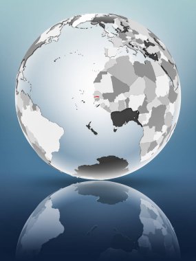 Yarı saydam okyanus parlak yüzeyi ile Gambiya dünya üzerinde. 3D çizim.