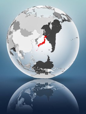 Küre üzerinde parlak yüzeyi saydam okyanuslar ile Japonya. 3D çizim.
