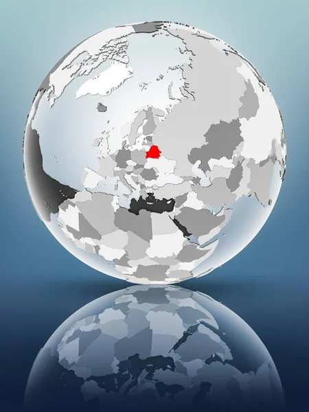 Belarus on globe with translucent oceans on shiny surface. 3D illustration.