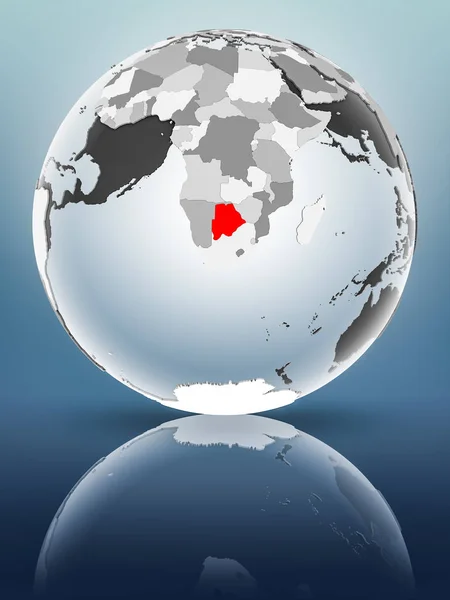 Botswana on globe with translucent oceans on shiny surface. 3D illustration.