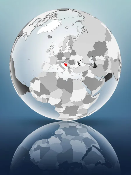 Bosnia and Herzegovina on globe with translucent oceans on shiny surface. 3D illustration.