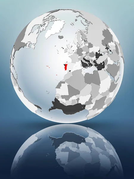 Portugal on globe with translucent oceans on shiny surface. 3D illustration.