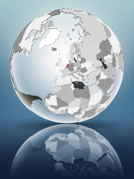 Netherlands on globe with translucent oceans on shiny surface. 3D illustration.