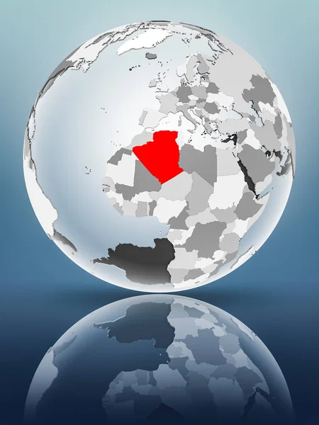 Algeria on globe with translucent oceans on shiny surface. 3D illustration.