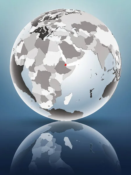 Djibouti on globe with translucent oceans on shiny surface. 3D illustration.