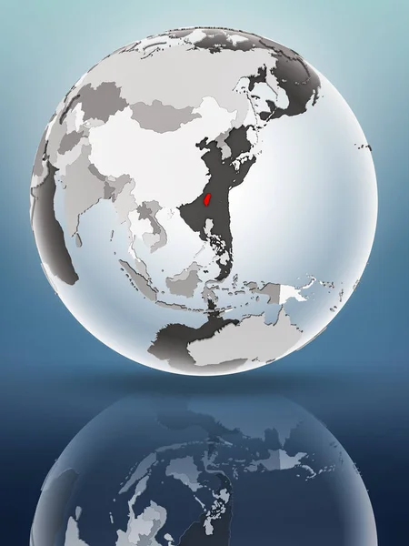 Taiwan on globe with translucent oceans on shiny surface. 3D illustration.