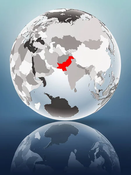 Pakistan on globe with translucent oceans on shiny surface. 3D illustration.