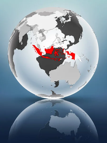 Indonesia on globe with translucent oceans on shiny surface. 3D illustration.