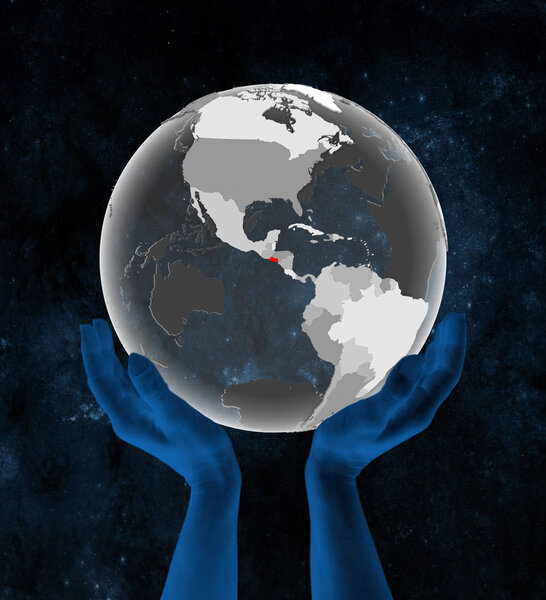 El Salvador on translucent globe in hands in space. 3D illustration.