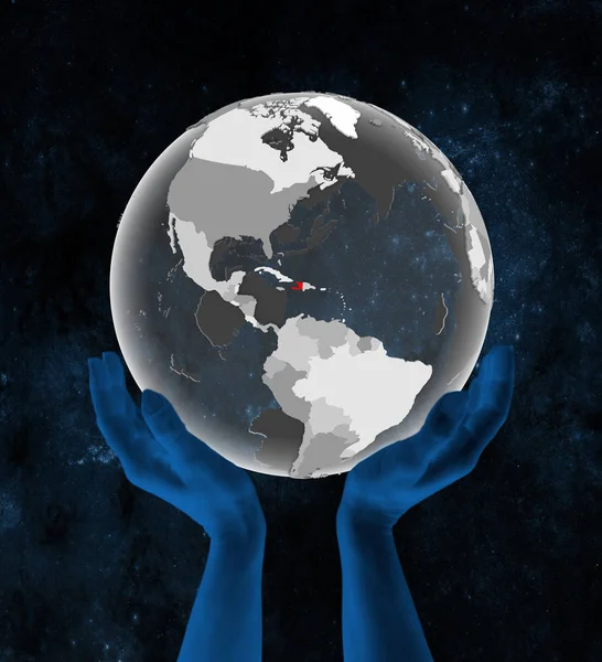 Haïti Sur Globe Translucide Dans Les Mains Dans Espace Illustration — Photo