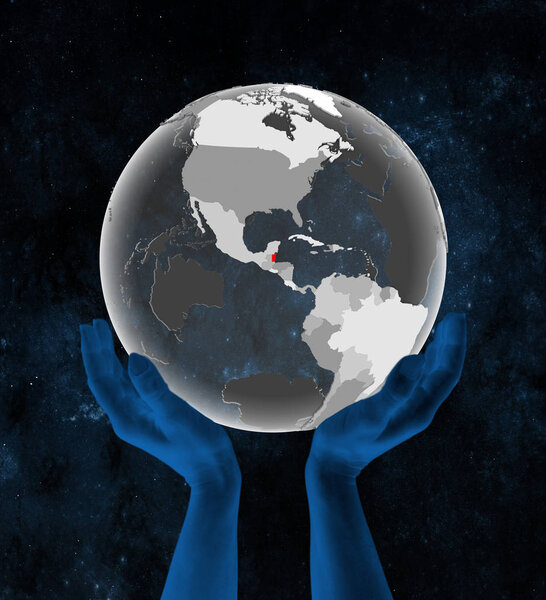 Belize on translucent globe in hands in space. 3D illustration.